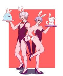 alternate_species both_sexes_in_same_situation bowtie bunny_boy bunny_ears bunny_girl bunny_tail bunnysuit canon_crossdressing canon_genderswap cleavage crossdressing detached_collar domestic_cat fake_animal_ears female full_body genderswap_(mtf) ginko_sakata gintama gintoki_sakata hairband hand_on_hip high_heels light_purple_hair male male_playboy_bunny medium_breasts moromoro10101 multiple_persona paako rule_63 short_hair standing tray very_short_hair white_hair wig