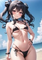 1girls ai_generated barely_clothed beach bikini black_bikini black_hair blush bracelets child_bearing_hips choker confident erect_nipples female_only front_view hair_ribbon hand_on_hip legs light-skinned_female looking_at_viewer medium_hair navel neptunia_(series) petite petite_body petite_female pose posing red_eyes sensual skinny small_breasts smile solo stable_diffusion thick_thighs thighs thong twintails uni_(neptunia)