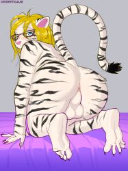 5_toes absurd_res anus balls black_stripes blonde_hair blue_eyes desertkaiju eyewear feet felid fur genitals glasses hair hi_res male mammal nyla nyla_(whitekitteh) original original_character pantherine pink_nose slightly_chubby soles solo stripes tiger toes trans_woman transfem white_body white_fur