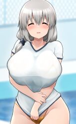 1girls big_breasts bikini_bottom blush bottomwear breasts closed_eyes clothing female female_only grey_hair hair huge_breasts jampen large_breasts mature mature_female mature_woman milf mother shirt solo solo_female swimwear topwear uzaki-chan_wa_asobitai! uzaki_tsuki white_shirt yellow_bikini_bottom