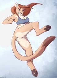 anthro ass bottomless breasts brown_body clothed clothing cougar feline female genitals hair hi_res lizet looking_at_viewer mammal mountain_lion puma pussy solo tail