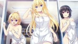 3girls bath_towel blonde_hair females females_only game_cg looking_at_viewer marco_and_the_galaxy_dragon rakka_isezaki_(marco_and_the_galaxy_dragon) screencap sisters takao_kurosaki_(marco_and_the_galaxy_dragon) terra_isezaki_(marco_and_the_galaxy_dragon)