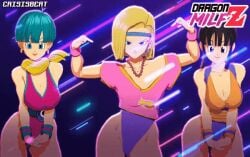 3d 3d_(artwork) 3girls android_18 animated armband big_breasts black_hair blonde_hair blue_eyes blue_hair bulma_briefs chichi crisisbeat dragon_ball dragon_ball_z female female_only gif headband light-skinned_female light_skin lipstick milf tagme thenaysayer34 thick_thighs thighs watermark wide_hips workout_clothes yoga_pants