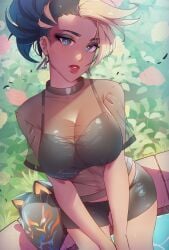 1girls akali big_breasts cleavage female female_only himmely k/da_all_out_akali k/da_all_out_series league_of_legends light-skinned_female looking_at_viewer pov