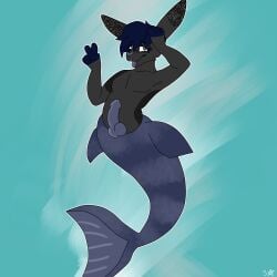 anthro blue_body blue_fur blue_scales blue_tail collaboration fish fur girly hi_res hybrid lagomorph leporid male mamavixy mammal marine merfolk presenting rabbit scales solo split_form starlitplays tail underwater water