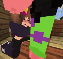 1boy 1girls 3d 480p animated blowjob blue_eyes brown_hair clothed flower_in_hair horny_female human_female humanoid jenny_belle_(slipperyt) mine-imator minecraft outside patrick_star schnurritv sound tagme video