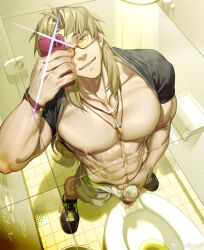 1boy abs absurdres bara bare_pectorals bathroom bathroom_stall bespectacled blonde_hair bondage bound bulge chiizu_namasu chiron_(fate) clothes_lift clothes_pull clothing_aside erection erection_under_clothes fate/apocrypha fate/grand_order fate_(series) from_above full_body glasses glory_hole graffiti highres large_pectorals long_hair looking_at_viewer male male_focus male_masturbation male_only male_underwear masturbation masturbation_through_clothes muscular muscular_male necklace_between_pecs nipples paid_reward_available pants pants_pull pectorals pee peeing peeing_into_toilet phone precum seductive_smile see-through selfie shirt_behind_neck shirt_lift smile solo standing stomach thick_eyebrows toilet toilet_pee underwear urine wall_writing wet wet_clothes wet_male_underwear white_male_underwear