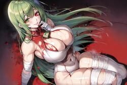 1girls absurd_res ai_generated bandaged_arm bandaged_leg bandages big_breasts blood cleavage eto_yoshimura green_eyes green_hair heterochromia hi_res holaraai huge_breasts red_eyes seductive_smile thick_thighs tokyo_ghoul