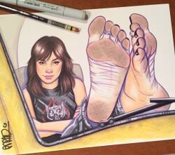 brown_hair bumblebee_movie celebrity charlie_watson dashboard dirty_feet feet_up foot_fetish hailee_steinfeld legs_crossed long_hair photo_(medium) scott_blair scottblairart soles toe_ring transformers