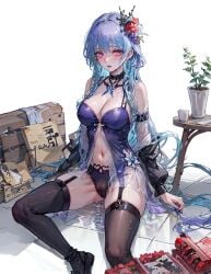 1girls ai_generated blue_eyes blush cameltoe cleavage crotch female female_focus female_only gloves hair_ornament hamel_(path_to_nowhere) lingerie nipple_bulge nipples path_to_nowhere perky_nipples purple_eyes sitting_on_floor skin_tight solo solo_female solo_focus stockings thighhighs tight_panties wet