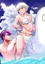 1boy 1girls alternate_costume beach big_breasts bikini canon_genderswap cleavage elizabeth_(gintama) female genderswap_(mtf) ginko_sakata gintama gintoki_sakata grin looking_at_another looking_back male moromoro10101 outside partially_submerged purple_hair red_eyes rule_63 short_hair smile swimsuit swimwear takasugi_shinsuke underboob very_short_hair wet_skin white_bikini white_hair wholesome