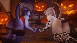 2girls 3d all_the_way_through anal anal_sex ass big_ass big_breasts black_hair blizzard_entertainment blue_skin breasts cow_print draenei elly_(draenei) female from_behind halloween hand_holding handholding hat large_breasts legs_together long_hair morilymory mory nipples open_mouth oral original_character penetration pussy restrained sex stockings tentacle tentacle_link thick_thighs vines warcraft world_of_warcraft