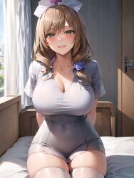 ai_generated breasts brown_hair genshin_impact green_eyes indoors jordan53 large_breasts lisa_(genshin_impact) long_hair looking_at_viewer nurse nurse_cap nurse_outfit side_ponytail smile stable_diffusion thick_thighs wide_hips