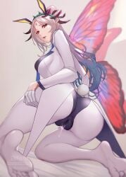 1girls ass breasts bunny_ears bunny_girl bunnysuit fairy fairy_wings female female_only fire_emblem fire_emblem_heroes grey_hair large_ass leotard looking_at_viewer looking_back looking_down medium_breasts multicolored_hair nintendo open_mouth pantyhose partially_visible_vulva plumeria_(fire_emblem) pointy_ears ponytail pussy_juice red_eyes shiro_font solo suit wet_pussy wings