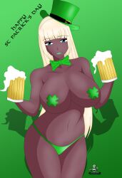 beer beer_mug big_breasts blonde_hair blue_eyes dark-skinned_female green_lipstick green_panties long_hair lulu_douji_(noir-black-shooter) noir-black-shooter oc original original_character pasties saint_patricks_day st._patrick's_day