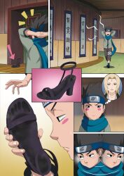 1boy 1girls adult age_difference barefoot blush comic embarrassed faceless_female feet female fetish foot_fetish foot_focus footcroft footprint footwear footwear_removed hallway heels high_heels holding_object holding_shoe imagining looking_around male mature_female milf naked_footwear naruto naruto_(series) naruto_shippuden older_female one_shoe open_toe_shoes sarutobi_konohamaru shoes_removed smell smelly_shoes story teenager textless tsunade walking yawn yawning younger_male