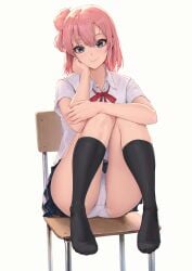 1girls arms black_socks blue_eyes blush cameltoe female female_only head_on_hand highres knee_socks kneehighs kneesocks legs light-skinned_female looking_at_viewer macy89066820 my_teen_romantic_comedy_snafu on_chair panties peach_hair pink_hair school_uniform shirt short_hair short_sleeves sitting skirt smile socks solo thick_thighs thighs uniform white_background white_panties white_shirt yuigahama_yui