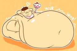 1boy artist_signature belly_button beret bib big_belly blob blush_stickers cake fat fat_belly fork gluttonousguzzlord huge_belly onomatopoeia pompompurin pompompurin_(series) sanrio simple_background wink