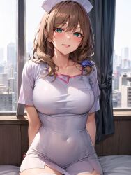 ai_generated breasts brown_hair genshin_impact green_eyes indoors jordan53 large_breasts lisa_(genshin_impact) long_hair looking_at_viewer nurse nurse_cap nurse_outfit side_ponytail smile stable_diffusion thick_thighs wide_hips