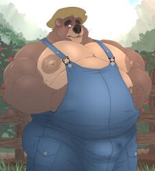 anthro bear big_pecs bodily_fluids bulge clothing farmer fence genital_fluids hat headgear headwear hi_res male male_only mammal musclegut muscular muscular_anthro muscular_male nipples outside overalls_only overweight overweight_anthro overweight_male pecs precum precum_through_clothing standing straw_hat taighet_28 wet wet_clothing wooden_fence