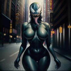 ai_generated alien alien_girl antiheroine athletic athletic_female audiostick breasts city evil_grin female large_breasts looking_at_viewer marvel marvel_comics monster_girl nippleless seductive she-venom stable_diffusion tongue tongue_out venom venom_(marvel) wide_hips