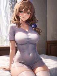 ai_generated breasts brown_hair genshin_impact green_eyes indoors jordan53 large_breasts lisa_(genshin_impact) long_hair looking_at_viewer nurse nurse_cap nurse_outfit side_ponytail smile stable_diffusion thick_thighs wide_hips