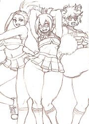 3girls armpits arms_above_head black_eyes black_sclera breasts cameltoe cheerleader cheerleader_uniform crop_top cropped_shirt high_ponytail horns huge_breasts large_breasts long_hair looking_at_viewer medium_hair messy_hair midriff mina_ashido miniskirt momo_yaoyorozu monochrome my_hero_academia open_mouth panties pom_poms ponytail short_hair sketch skirt smile thick_thighs thighs tsuyu_asui u.a._cheerleader_outfit underboob wide_hips wrato yellow_eyes