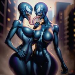 ai_generated alien alien_girl ass athletic athletic_female audiostick breasts city evil_grin female from_behind holding_each_other large_ass large_breasts looking_at_viewer marvel marvel_comics monster_girl saliva selfcest she-venom stable_diffusion teeth tongue tongue_kiss tongue_out venom venom_(marvel)