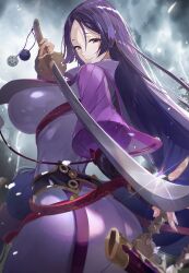 big_ass big_breasts big_butt fate/grand_order fate_(series) holding_weapon huge_ass japanese_clothes katana long_hair long_nails looking_at_viewer minamoto_no_raikou_(fate/grand_order) purple_hair smile smiling smiling_at_viewer storm sword tall_female taller_female taller_girl thick_ass wide_hips