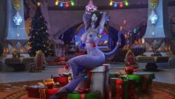 1girls 3d big_breasts blizzard_entertainment blue_skin christmas draenei morilymory mory original_character pinup solo thick_thighs warcraft winter_veil world_of_warcraft