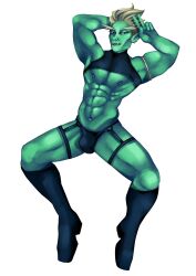 abs arms_up bara bara_tits barazoku bulge drawfee_(copyright) drawtectives green_body green_skin gyorik_rogdul humanoid legs_apart male male_only martigeon_art muscle muscular muscular_arms muscular_legs muscular_male muscular_thighs navel nipples orc panties peace_sign pose raised_arm skimpy solo solo_male