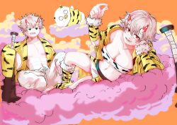 1boy 1girls 2022 2demons alternate_costume bandeau big_breasts canon_genderswap cleavage clouds demon_boy demon_girl dual_persona elizabeth_(gintama) female fur_trim genderswap_(mtf) ginko_sakata gintama gintoki_sakata horns kanabou looking_at_viewer male moromoro10101 new_year on_side oni oni_horns orange_background pale-skinned_female pale-skinned_male pale_skin reclining red_eyes rule_63 sarashi short_hair smile tiger_print very_short_hair white_hair year_of_the_tiger