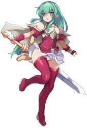 1girls armor blue_eyes boots cape eirika_(fire_emblem) female female_only fire_emblem fire_emblem:_the_sacred_stones fire_emblem_engage full_body green_hair grey_cape groin highres holding holding_sword holding_weapon karukan_(monjya) long_hair looking_at_viewer nintendo panties pantyshot pantyshot_(standing) parted_lips pauldrons pleated_skirt red_footwear red_shirt shirt short_sleeves shoulder_armor simple_background skirt skirt_lift solo standing standing_on_one_leg sword thigh_boots underwear upskirt v-shaped_eyebrows very_long_hair weapon white_background white_panties white_skirt