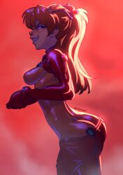 1girls artist_name ass asuka_langley_sohryu backlighting bodysuit breasts female female_only hair_ornament looking_at_viewer medium_breasts neon_genesis_evangelion orange_hair playzholder plugsuit side_view skin_tight small_breasts smile solo standing thighs