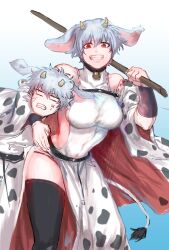 1boy 1girls 2021 alternate_costume big_breasts black_legwear black_thighhighs canon_genderswap choke_hold collar cow_boy cow_ears cow_girl cow_horns cow_print cowbell dual_persona female female_focus genderswap_(mtf) ginko_sakata gintama gintoki_sakata grin japanese_clothes kemonomimi light_blue_hair looking_at_viewer male moromoro10101 new_year red_eyes rule_63 short_hair sideboob silver_hair smile thick_thighs thighhighs very_short_hair white_hair year_of_the_ox