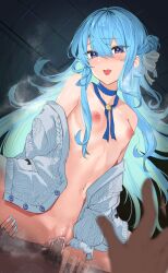 1boy 1girls blue_eyes blue_hair blue_nails blue_ribbon blush breasts cardigan censored choker commentary cowgirl_position dark-skinned_male dark_skin female hair_between_eyes hair_ribbon hcz_n hololive hololive_gen_0 hololive_japan hoshimachi_suisei lace lace_choker light-skinned_female light_skin long_hair looking_at_viewer mosaic_censoring naked_cardigan neck_ribbon nipples official_alternate_hair_length official_alternate_hairstyle open_cardigan open_clothes open_mouth penis pov revision ribbon sidelocks small_breasts star_(symbol) star_in_eye straddling straight symbol-only_commentary symbol_in_eye virtual_youtuber