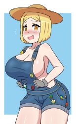 1girls alternate_version_available big_breasts blonde_hair blue_overalls blush breasts fate/grand_order fate_(series) female female_only hair hat headwear huge_breasts light-skinned_female light_skin naked_overalls overalls paul_bunyan_(fate/grand_order) solo thick_thighs thighs winzaku_(asakura) yellow_eyes