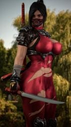 1girls 3d 3d_(artwork) abs armor ass big_ass big_breasts big_butt black_hair bodysuit breasts brown_eyes brown_hair cga3d curvaceous curvy curvy_female curvy_figure erotichris female female_only front_view gloves hair hourglass_figure katana kunoichi large_breasts long_hair looking_at_viewer mask navel ninja nipple_bulge nipples outdoors ponytail ripped_clothing side_view solo soul_calibur soul_calibur_vi taki thick_thighs thighs thin_waist thunder_thighs torn_clothes torn_clothing voluptuous voluptuous_female waist