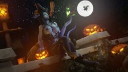 1girls 3d big_breasts blizzard_entertainment blue_skin choker draenei halloween morilymory mory original_character stockings thick_thighs warcraft witch_costume witch_hat world_of_warcraft