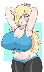 1girls alternate_version_available big_breasts black_pants blonde_hair blue_eyes blush bottomwear breasts cleavage crown female female_only hair_over_one_eye hands_behind_head headwear huge_breasts large_breasts lips long_hair mario_(series) nintendo pants princess_rosalina solo solo_female sports_bra sportswear super_mario_galaxy sweat sweating sweaty topwear wii_fit winzaku_(asakura)