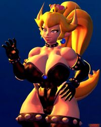 1girls 3d 3d_(artwork) alternate_version_available armlet big_breasts big_thighs big_tits black_gloves black_leotard blonde_hair blue_eyes bowsette bracelet breasts brooch cleavage clothing collar crown earrings elbow_gloves female female_only gloves hand_on_hip horns leotard light-skinned_female light_skin lips lipstick looking_at_viewer mario_(series) new_super_mario_bros._u_deluxe nintendo pointy_ears ponytail red_lipstick relliksb sharp_teeth smile smiling_at_viewer solo spiked_armlet spiked_bracelet spiked_collar spiked_tail spiked_thighlet super_crown tail thick thick_eyebrows thick_hips thick_thighs thighlet tied_hair tits wide_hips