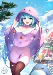 artist_name bird black_thighhighs blue_eyes blue_hair blunt_bangs bottomless cleft_of_venus earrings faicha female hat jewelry lilin_(maplestory) long_hair maplestory outdoors penguin purple_headwear pussy sidelocks sky snow solo standing thigh_gap thighhighs tree uncensored very_long_hair winter