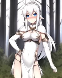 ai_generated blue_eyes blush cape cloak clothing elf elven elves female flush flushed flushed_face gloves loincloth pattern_clothing pointy_hair simple_background stable_diffusion thigh_strap viking viking_female white_hair