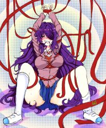 big_breasts biting_hair blush crunnix doki_doki_literature_club kneehighs looking_pleasured messy_hair purple_eyes purple_hair red_ribbon ribbon spread_legs thick_thighs yuri_(doki_doki_literature_club)