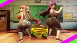 2girls 3d 3d_(artwork) ass_expansion big_breasts body_control bubble_butt clothed doki_doki_literature_club female female_only full_body gold_boombox_(prevence) huge_ass huge_breasts involuntary_twerking jeans kiro93591529 large_ass long_hair monika_(doki_doki_literature_club) thick_thighs twerk_hypnosis twerking yuri_(doki_doki_literature_club)