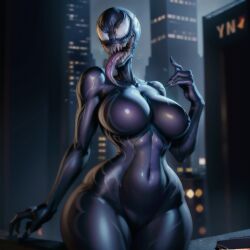 ai_generated alien alien_girl athletic_female audiostick city evil_grin from_behind largebreasts largebutt looking_at_viewer marvel monster_girl muscular seductive she-venom stable_diffusion teeth tongue tongue_out vagina venom wide_hips