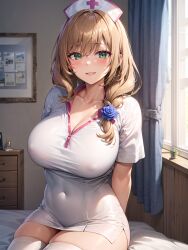 ai_generated breasts brown_hair genshin_impact green_eyes indoors jordan53 large_breasts lisa_(genshin_impact) long_hair looking_at_viewer nurse nurse_cap nurse_outfit side_ponytail smile stable_diffusion thick_thighs wide_hips