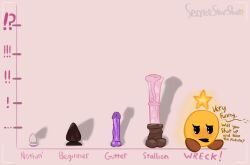 animal_dildo animal_sex_toy bemused buttplug camera_view chart comparing dialogue dildo english_text equine_dildo female huge_buttplug humor jewel_buttplug large_buttplug mario_(series) mario_and_luigi_(series) markings nintendo scale_markings scales secretstarslut secretstarslut_(artist) sex_toy sitting size_queen solo solo_focus star star_sprite starlow tagme text waddling_head yellow_body yellow_skin