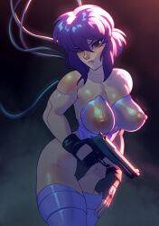 1girls backlighting breasts cable cleavage curvy cyborg female fingerless_gloves ghost_in_the_shell kusanagi_motoko large_breasts light-skinned_female light_skin pistol playzholder purple_hair see-through_clothing short_hair standing