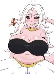 1girls alternate_version_available android_21 big_breasts black_sclera breasts busty cleavage donut dragon_ball female female_only hair huge_breasts long_hair majin majin_android_21 nipple_bulge nipples_visible_through_clothing pink_body pink_skin pointy_ears red_eyes smile solo solo_female tail voluptuous white_hair winzaku_(asakura)